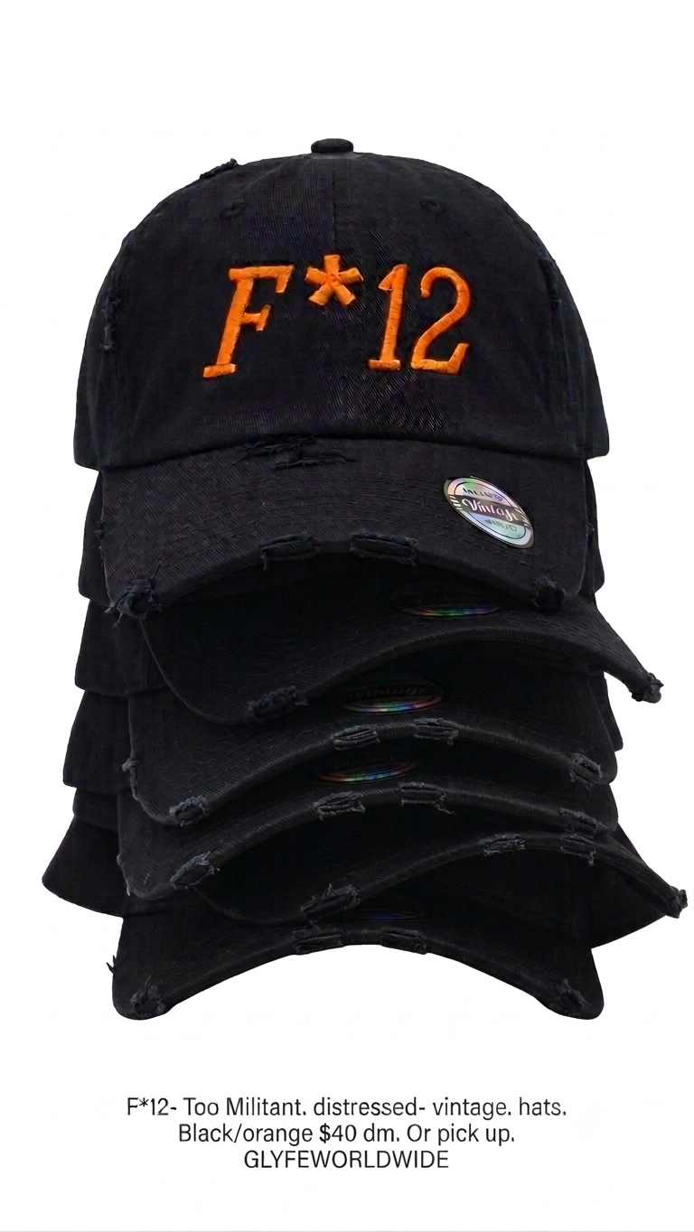 F*12 — Black / Orange F*12 distressed vintage dad hats stacked