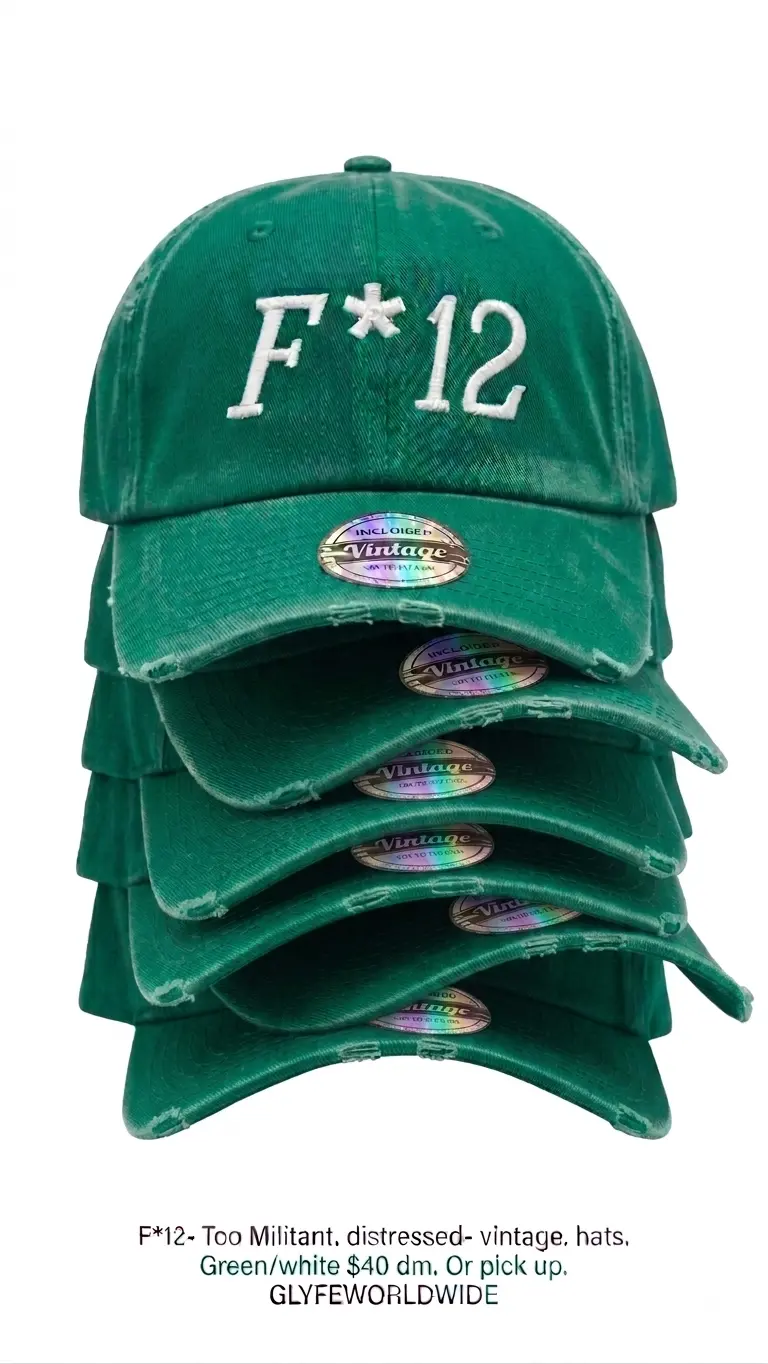 F*12 — Green / White F*12 distressed vintage dad hats stacked